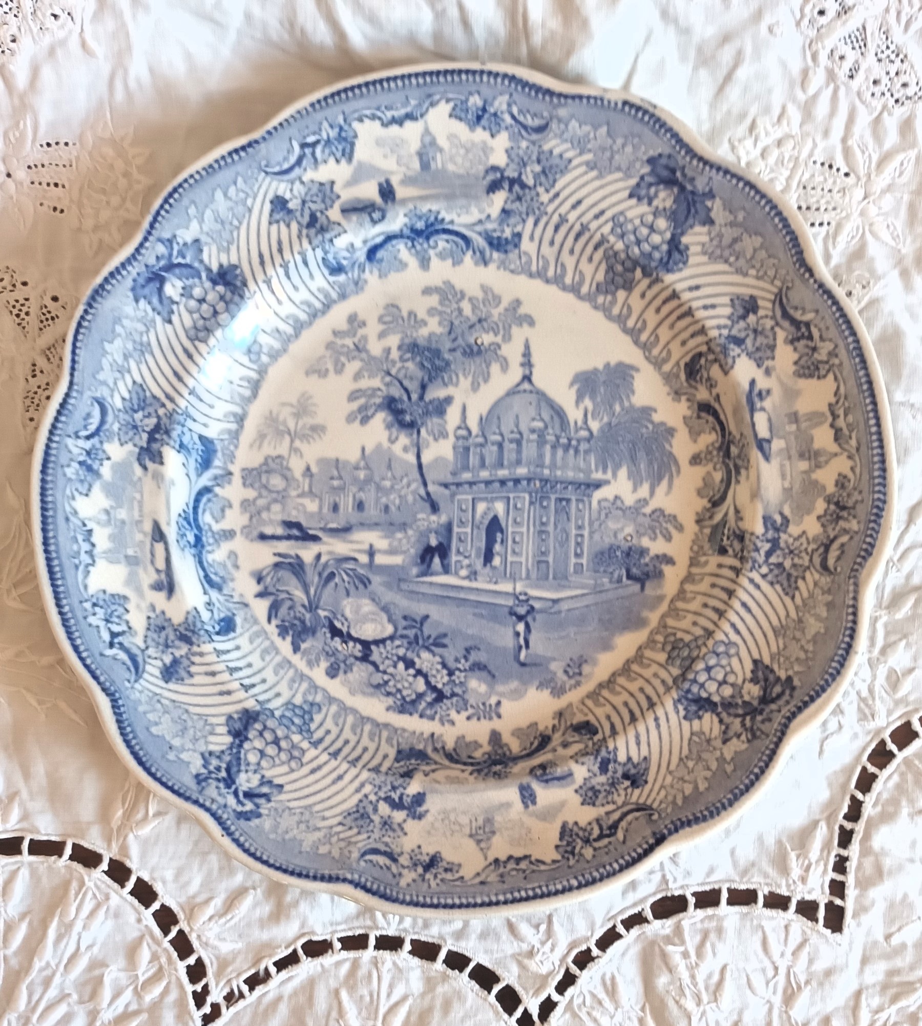 Antique English Victorian Blue and White Transfer Plate ~ "Tombs near Etaya" ~ Cork Edge & Malkin